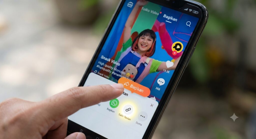 Langkah pertama tutorial download video Snack tanpa watermark dengan menekan tombol bagikan lalu pilih salin tautan di aplikasi.