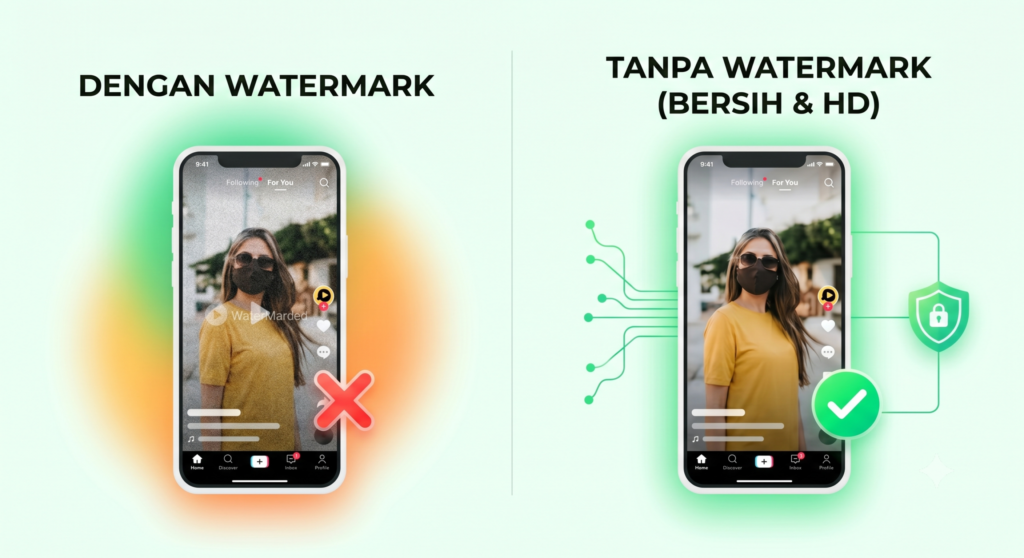 Perbandingan hasil video biasa vs hasil download video Snack tanpa watermark dengan kualitas HD bersih tanpa logo.