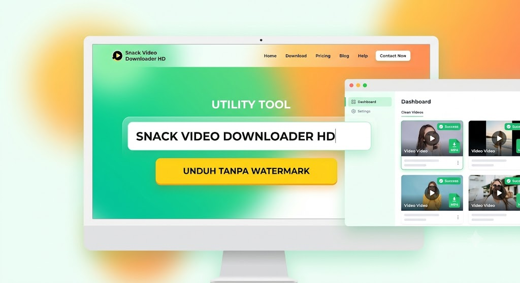 Tampilan halaman utama dari website snack video downloader online yang gratis, cepat, dan responsif di layar komputer.