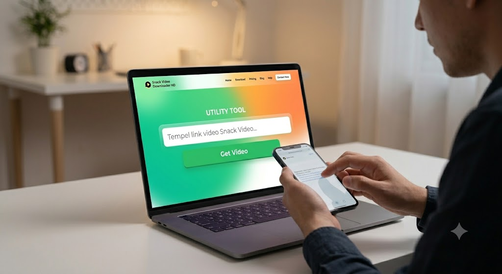 Proses memasukkan link tautan untuk unduh snack video tanpa watermark secara otomatis melalui kolom input di website.